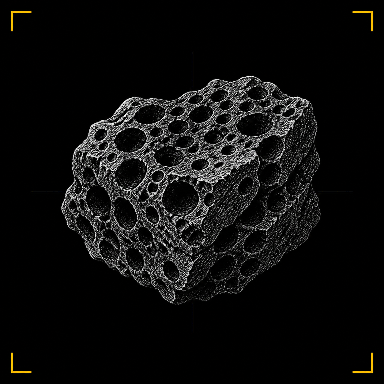 A hand-drawn porous biochar specimen with yellow registration marks